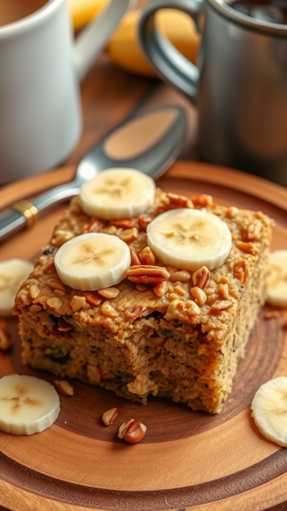 A baked oatmeal square with banana slices and nuts on a rustic plate next to a cup of coffee.